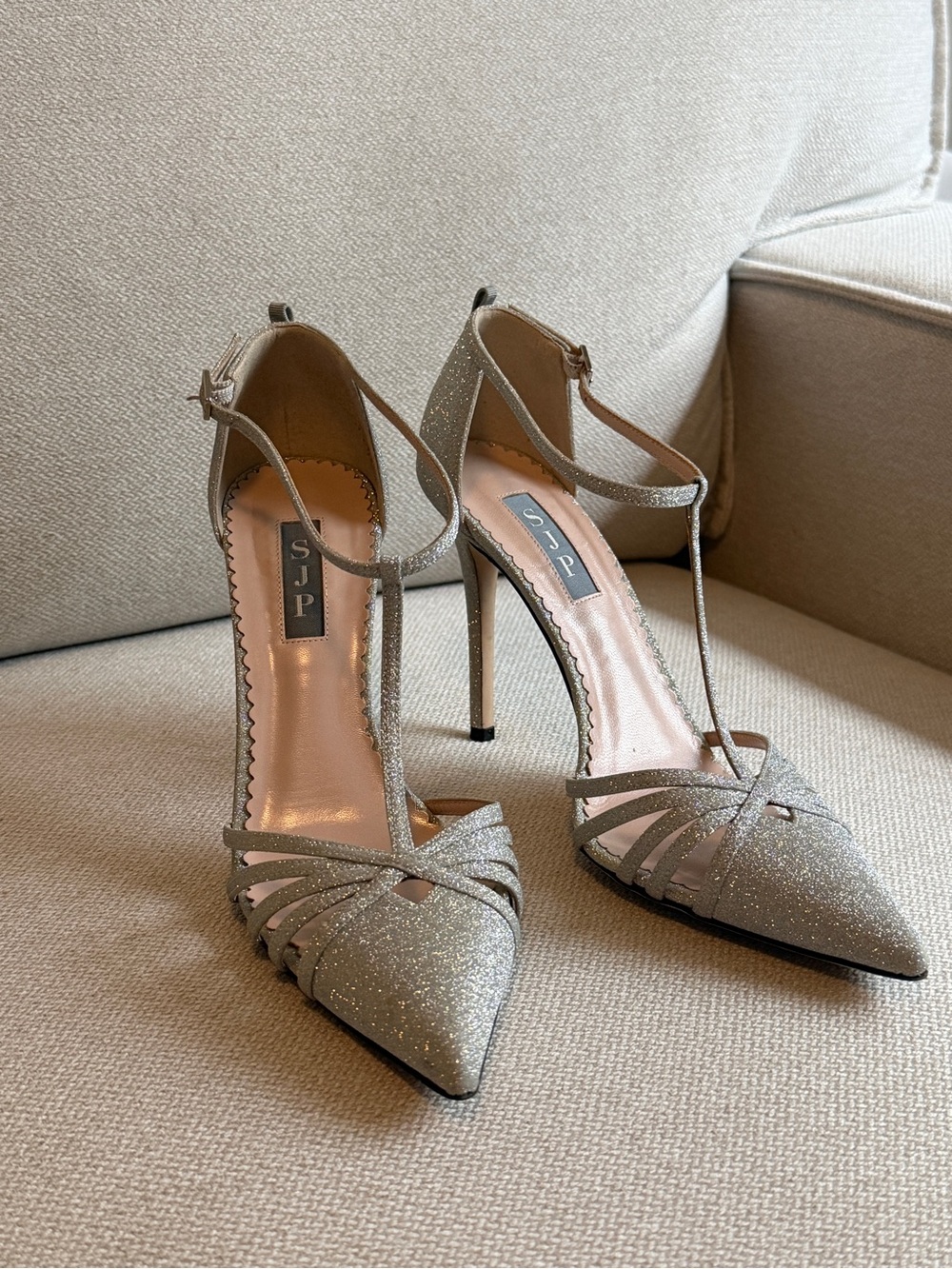 SJP by Sarah Jessica Parker Silver Glitter T-Strap Pointed Stiletto Pumps